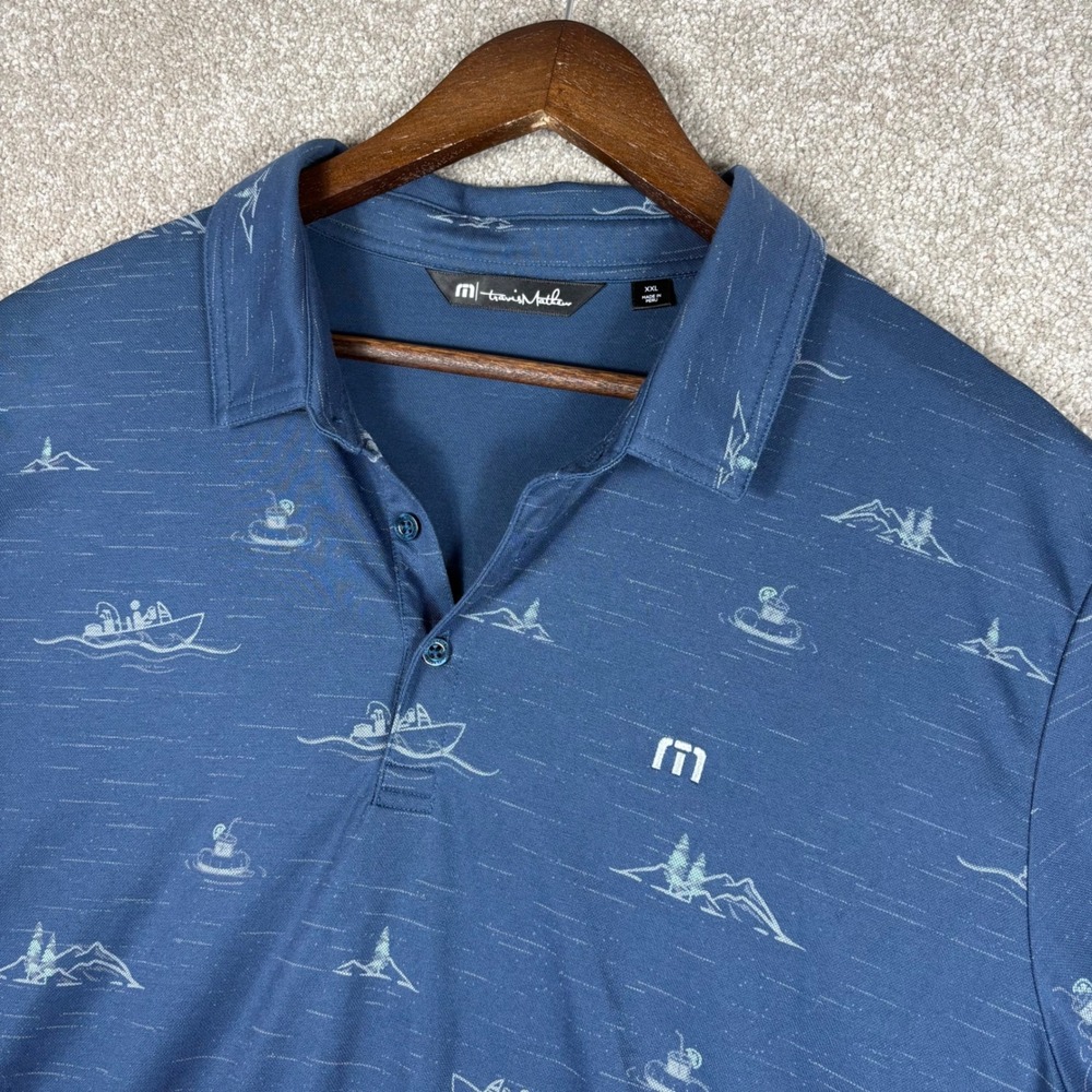 TravisMathew Mens XXL Blue Fishing Boat Mountain Print Performance Polo Shirt